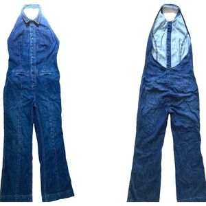 jumpsuit 8 FREE PEOPLE blue denim cotton halter collar snap close wide leg